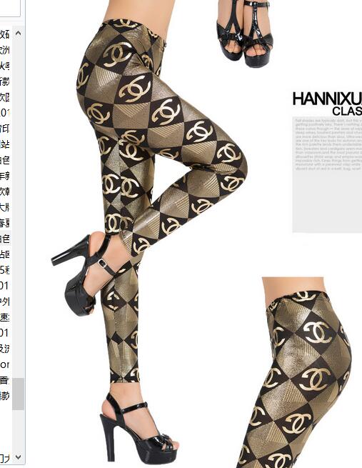 F8476 Golden Chanel Logo Print Leggings